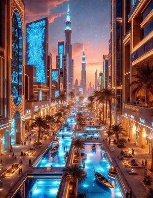The primary subject of the image is a futuristic cityscape with a large body of water in the middle of the city. The setting is a city with tall buildings and a skyline that includes a tall tower. The visual style is a combination of photo and digital art, creating a unique and captivating scene. The colors and mood of the image are predominantly blue, giving it a calm and serene atmosphere.